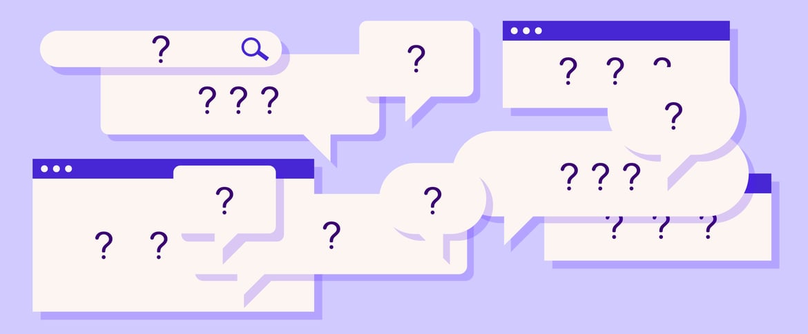 Thought bubbles on a screen with question marks inside
