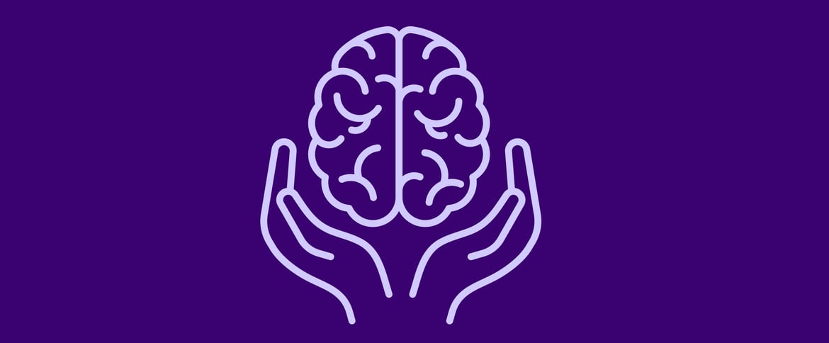 Purple brain being hugged by purple hands. 