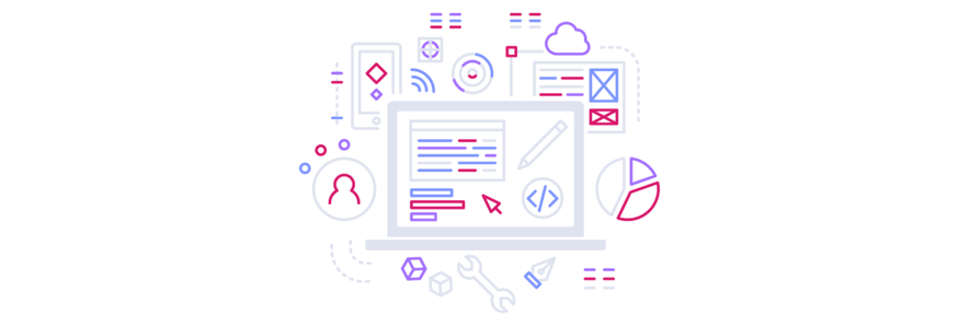 colorful line art illustration of data, apps, cloud, and laptop