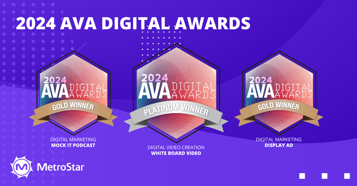 blue background with three award logos for AVA Digital Awards