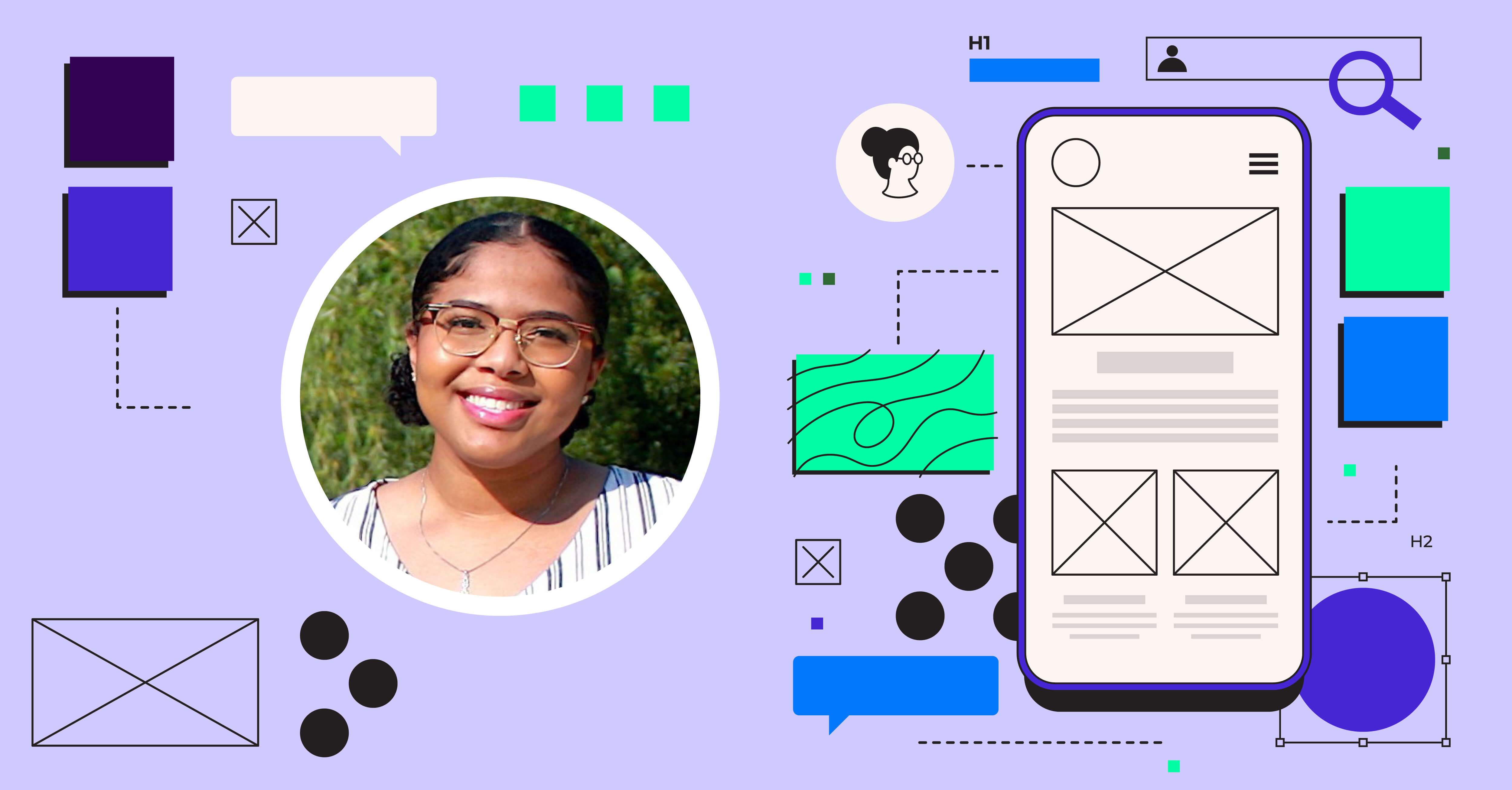 Headshot of UX Designer, Bree, interning with MetroStar. Graphics of mocking a UX design on mobile. 
