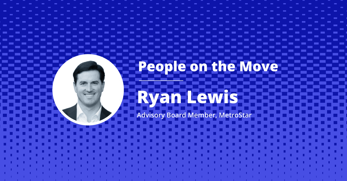 Headshot of Ryan Lewis on blue background. Text reads: people on the move, Ryan Lewis 