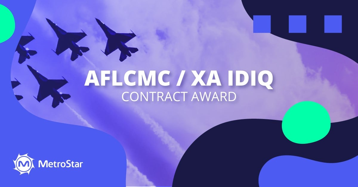  Five fighter jets flying with a purple overlay. Text reads: AFLCMC/XA IDIQ Contract Award