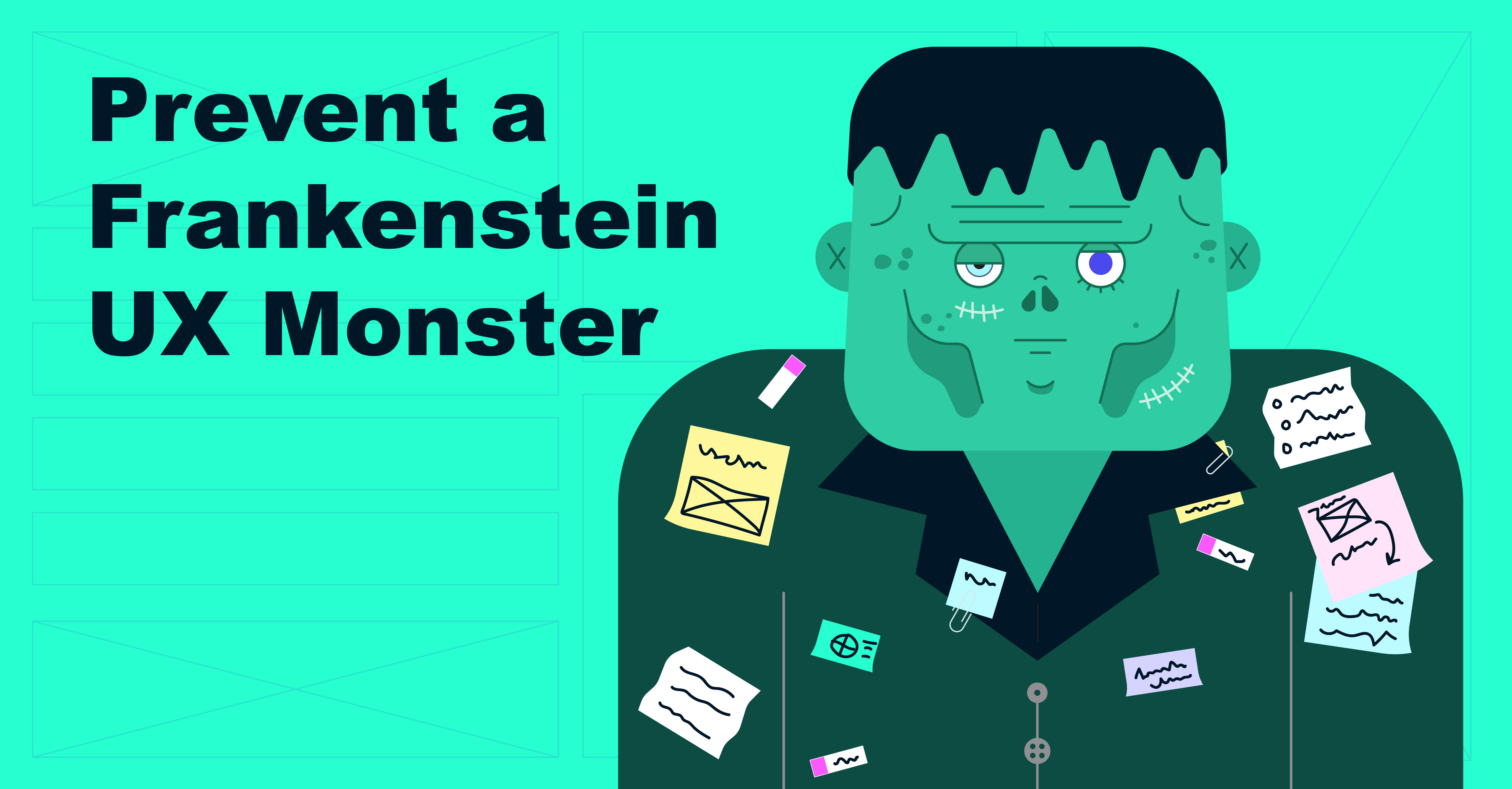 Frankenstein monster with post-it notes on his body. Green background with text that reads Prevent a Frankenstein Monster