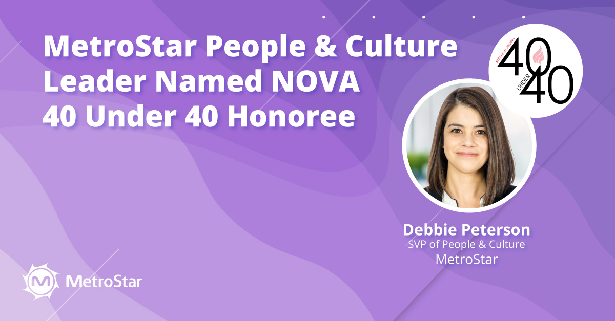 purple background. White text reads: MetroStar People and Culture Leader Named NOVA 40 Under 40 Honoree