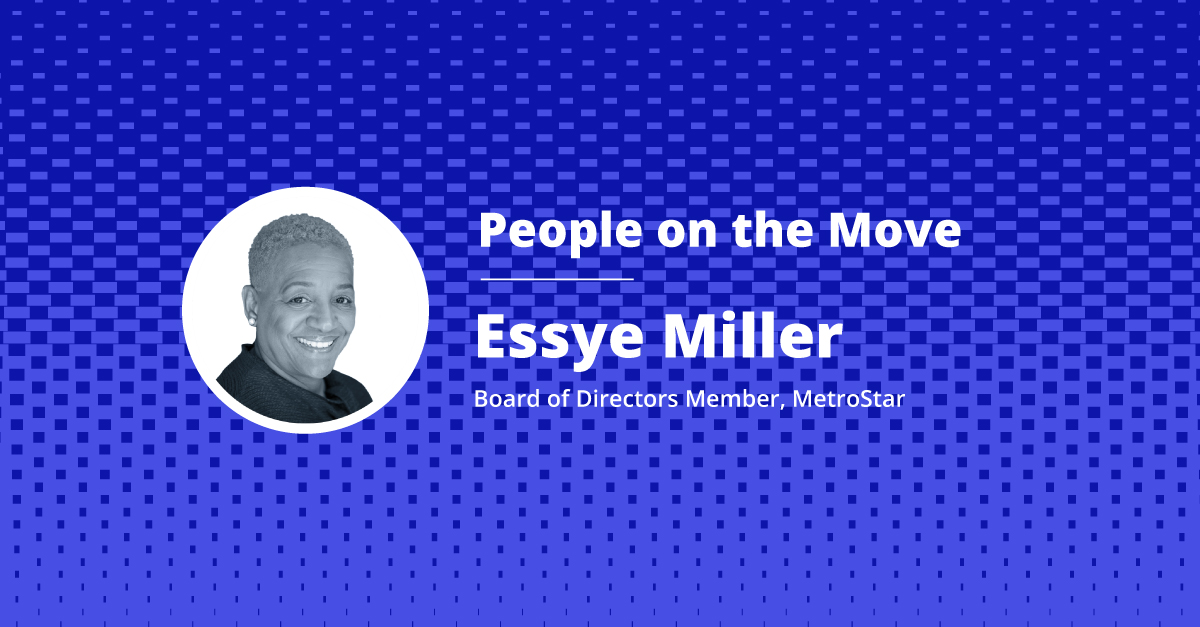 Blue background with black and white circle photo of Essye Miller. Reads: People on the Move, Essye Miller. 