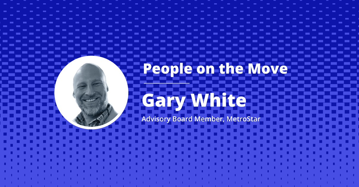 gary white black and white headshot with blue background. White text says People on The Move