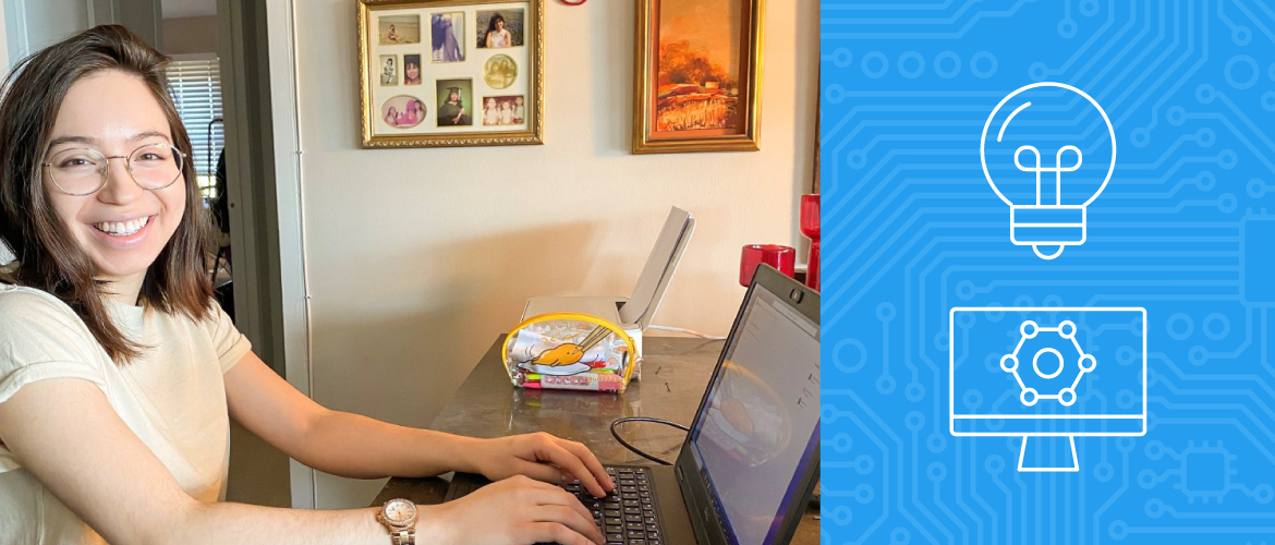 MetroStar virtual marketing intern, Sierra, sitting with her laptop working on her virtual internship.