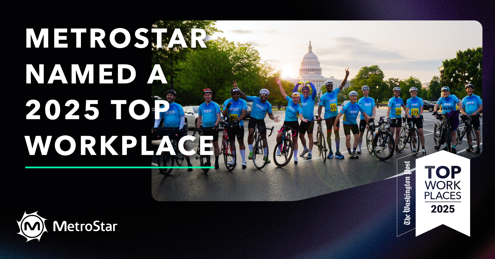 MetroStar employees wearing blue shirts in front on Capitol Building. White text reads: MetroStar named a top workplace.