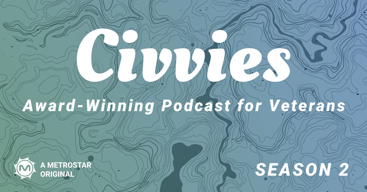White Civvies logo on a map background. Veteran Podcast imagery 