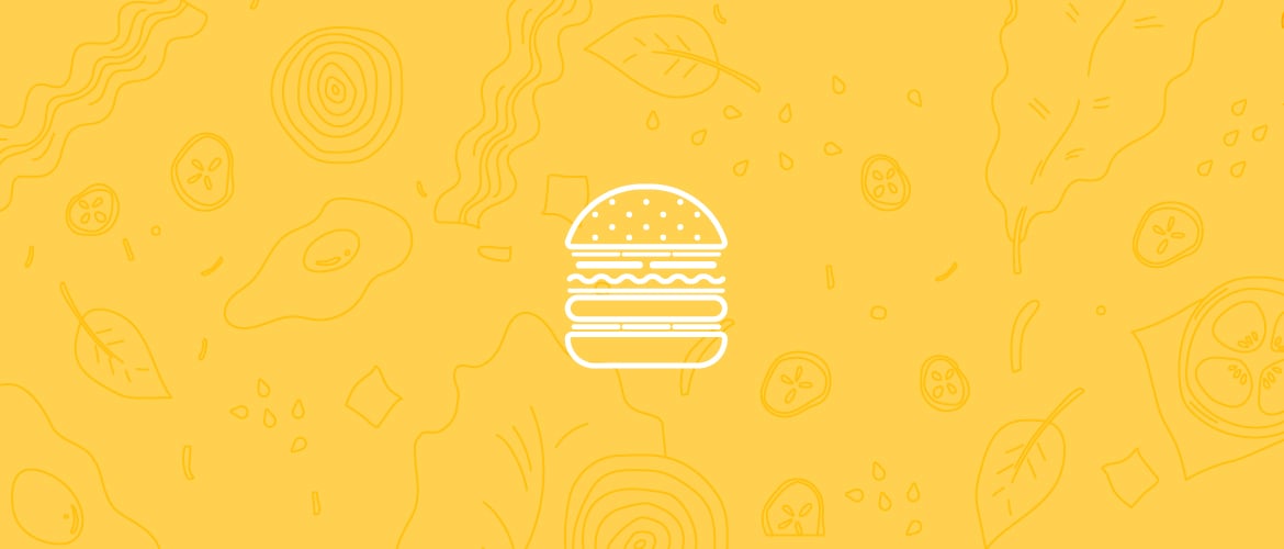 White line art styled photo of a burger on top of a yellow background of assorted burger toppings