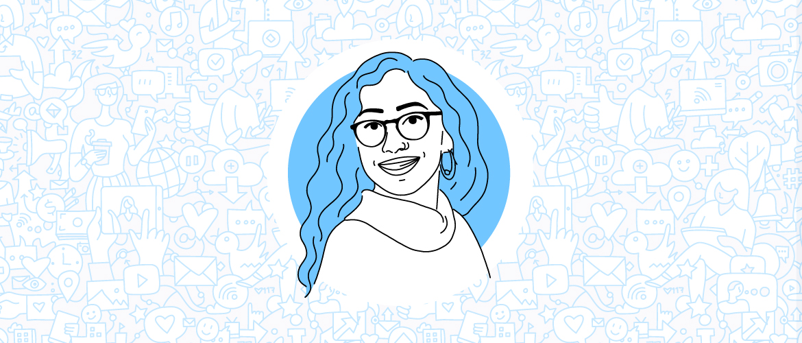 Blue portrait styled line art of a woman who is a UX architect named Varsha