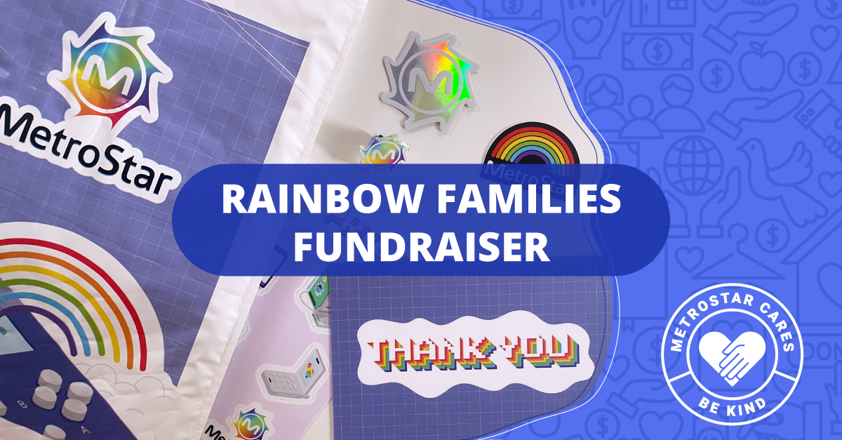 Graphic with pride stickers and pins. Text: Rainbow Families Fundraiser 