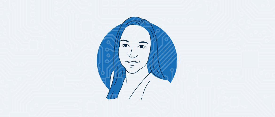 Blue portrait styled line art of a woman who is a technical writer named Donna